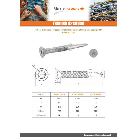 1 x Selvborende skrue Bimetal forsænket hoved T25 bore lang 5,5X60