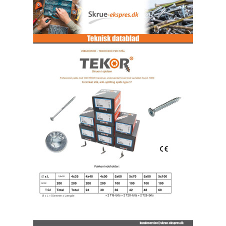 1 x TEKOR PAKKE PROFESSIONEL 1200 Skrue forsænket hoved med takker TORX elforzinket stål