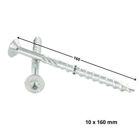 1 x Rammeskrue TEKOR forsænket hoved med takker T40 10X160 Gevind 80 spids anti-kløvning type 17 cut elforzinket stål