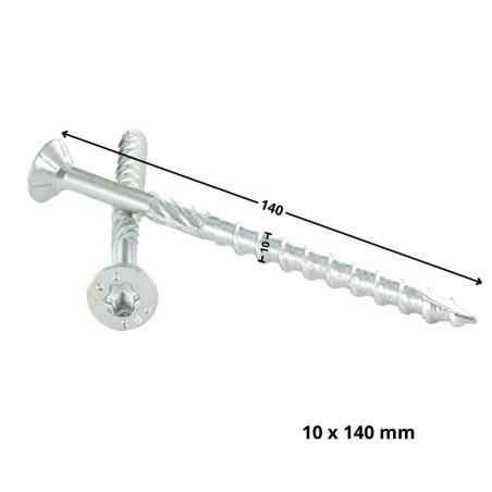 1 x Rammeskrue TEKOR forsænket hoved med takker T40 10X140 Gevind 80 spids anti-kløvning type 17 cut elforzinket stål