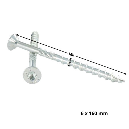 1 x Rammeskrue TEKOR forsænket hoved med takker T30 6X160 Gevind 80 spids anti-kløvning type 17 cut elforzinket stål