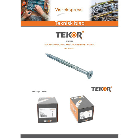 1 x Rammeskrue TEKOR forsænket hoved med takker T25 5X100 Gevind 50 spids anti-kløvning type 17 cut elforzinket stål