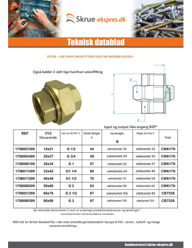 1 x Lige unionsfitting 15x21 (1/2") hun Messing...