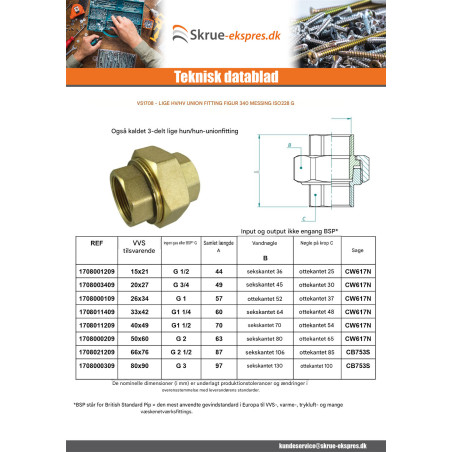 1 x Lige unionsfitting 15x21 (1/2") hun Messing Figur 340