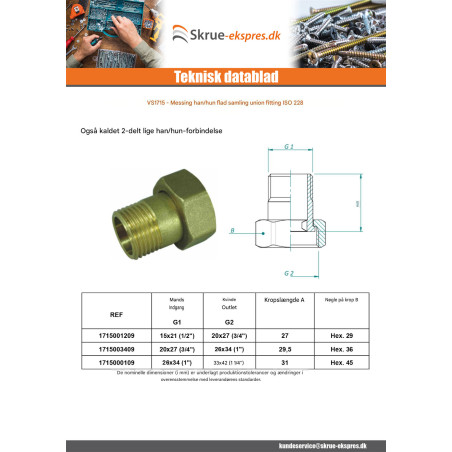 1 x Flad unionsfitting han/hun 26x34 (1") X 33x42 (1"1/4) Messing