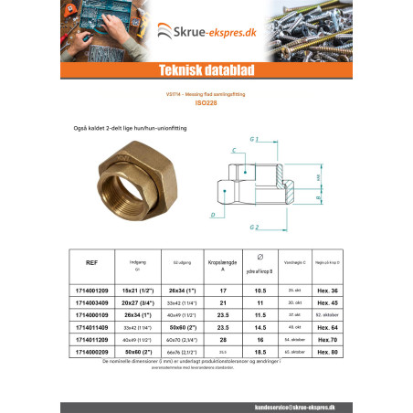 1 x Flad unionsfitting hun 15x21 (1/2") X 26x34 (1") Messing