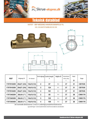 1 x Manifold 4 udgange 20x27 (3/4") han/hun...