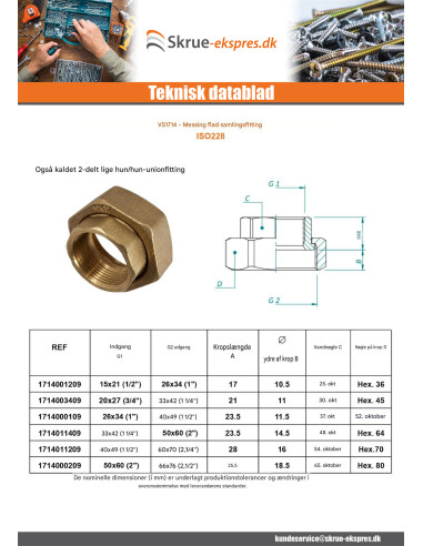 1 x Flad unionsfitting hun 50x60 (2") X 66x76...