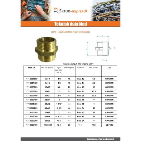 1 x Dobbeltnippel FIG 280 Mand / Mand 8x13 (1/4") Forkromet messing