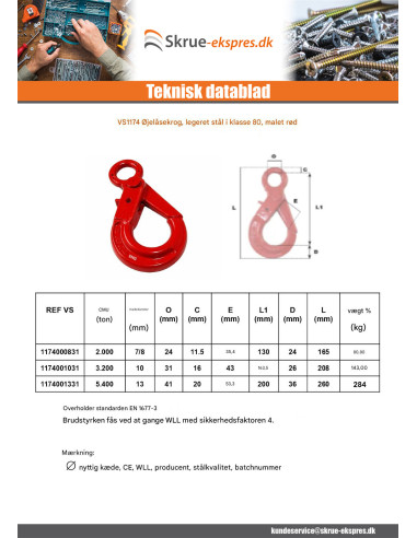 1 x øjekrog med sikkerhedslås grad 80 13MM rødt...