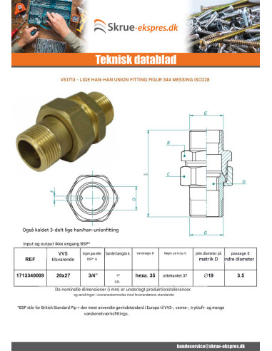 1 x Lige unionsfitting 20x27 (3/4") Mand / Mand...