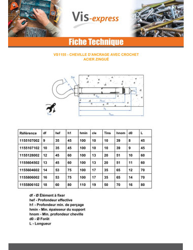 1 x Plug Anker + Krog bore 12 M10X70...