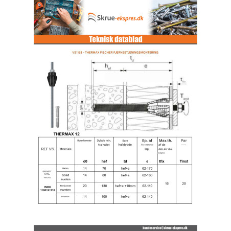1 x Afstandsmontage THERMAX Fischer 12/110 M12 Rustfrit stål A4