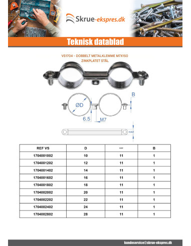1 x Dobbelt metalslangeklemme M7X150 diameter...