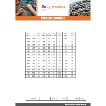 1 x Bolt med møtrik Anker M6X65 med Vis m-hastighed Sekskantet hoved elforzinket stål