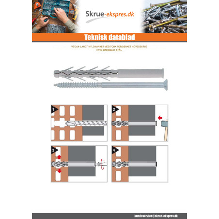 1 x Plug Lang Nylon 8X100 + Skrue forsænket hoved TORX elforzinket stål