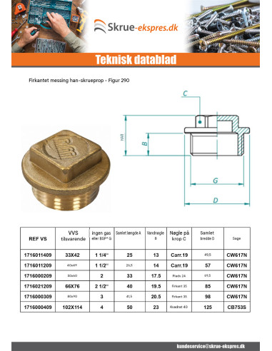 1 x Hanstik Figur 290 66x76 (2"1/2) firkantet...