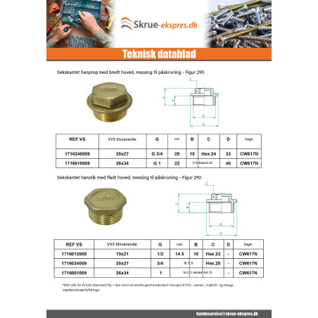 1 x Hanstik Figur 290 66x76 (2"1/2) firkantet hoved Messing