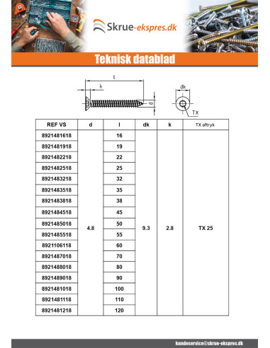 1 x Gevindvalse skrue forsænket hoved 5,5X16...