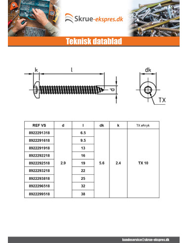 1 x Gevindvalse skrue panhoved 2,9X25 T10...