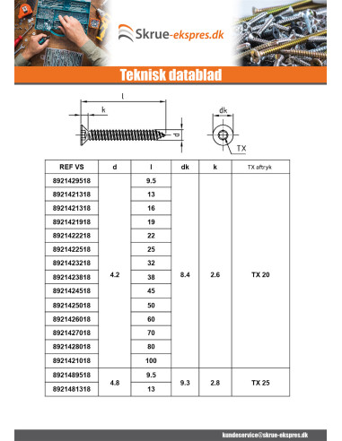 1 x Gevindvalse skrue forsænket hoved 5,5X90...