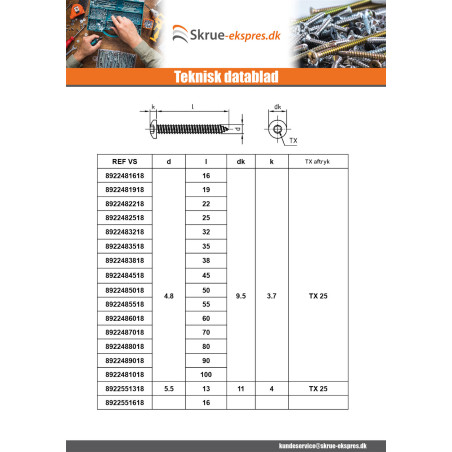 1 x Gevindvalse skrue panhoved 4,8X32 T25 Rustfrit stål A4