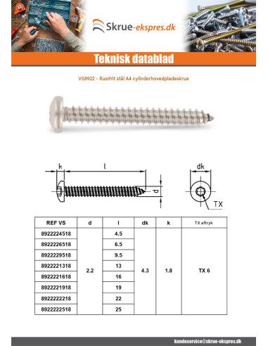 1 x Gevindvalse skrue panhoved 2,2X9,5 T6...