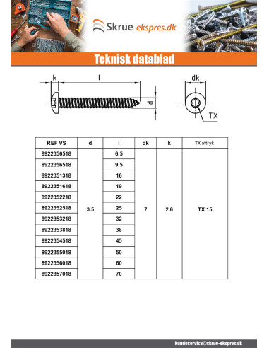 1 x Gevindvalse skrue panhoved 4,8X13 T25...