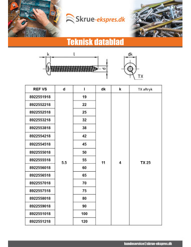 1 x Gevindvalse skrue panhoved 5,5X55 T25...