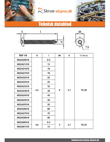 1 x Gevindvalse skrue panhoved 4,2X25 T20...