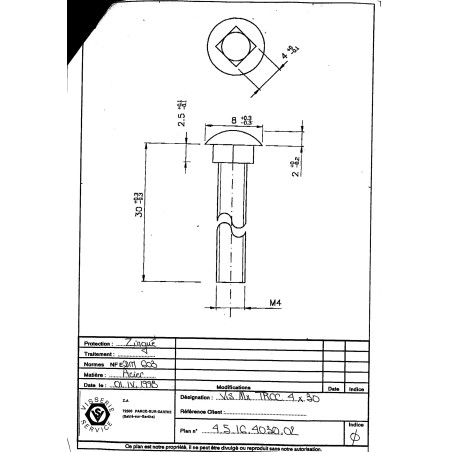 1 x Vognbolt M4X30 Fuld trÃ¥d Firkantet 4X4X2.5 elforzinket stål