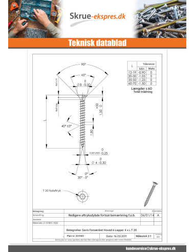 1 x Træ og spånplade skrue forsænket hoved T20...