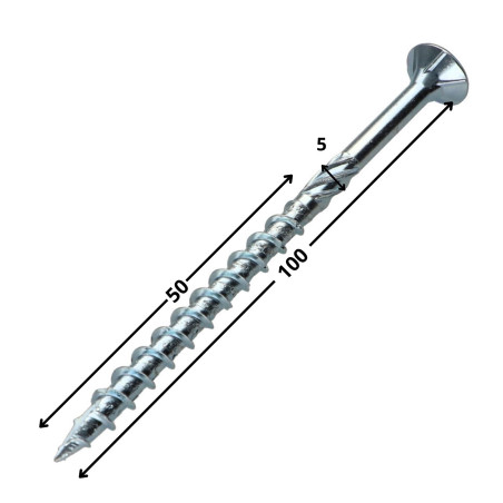 1 x Rammeskrue TEKOR forsænket hoved med takker T25 5X100 Gevind 50 spids anti-kløvning type 17 cut elforzinket stål
