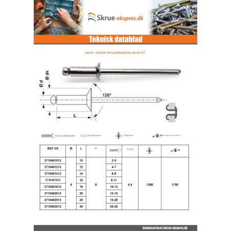 1 x Skrælnitte GOSTAR Aluminium stang stål Standard rund hoved 4,8X12 Sort