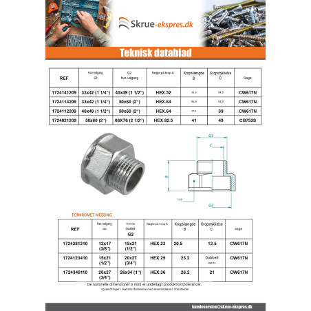 1 x Reduceret sekskantet nippel Figur 246 han/hun 20x27 (3/4") X 50x60 (2") Messing