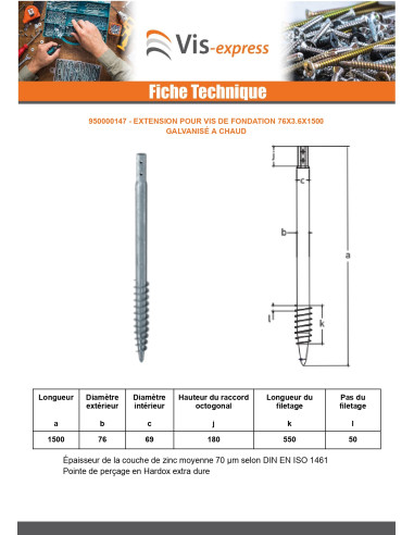 1 x Fundamentskrue 76X3.6X1500 modstandsdygtig...