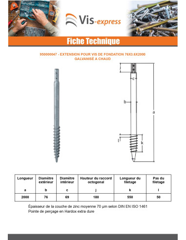 1 x Fundamentskrue 76X3.6X2000 modstandsdygtig...