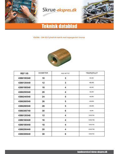 1 x Møtrik cylindrisk Gevind trapezformet...