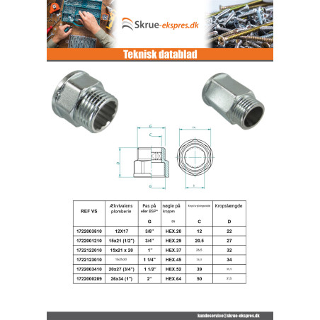 1 x Sekskantet nippel Figur 529 han/hun 50x60 (2") Messing