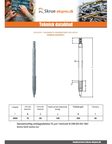 1 x Fundamentskrue 76X3.6X2000 modstandsdygtig...