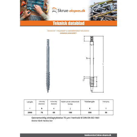 1 x Fundamentskrue 76X3.6X2000 modstandsdygtig mod korrosion varmgalvaniseret stål