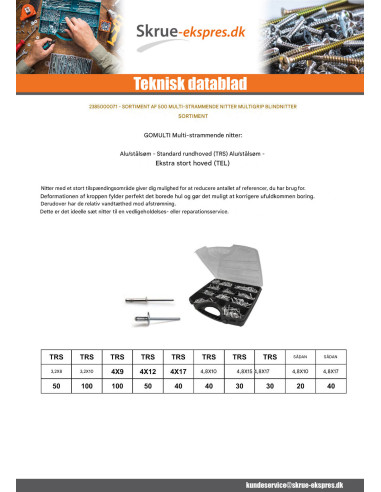 1 x Udvalg 500 Blindnitter Multigrip Aluminium...