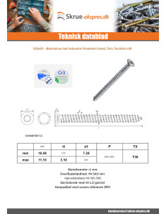 Skrue Beton forsænket hoved reduceret 7,5X252 T30... 2