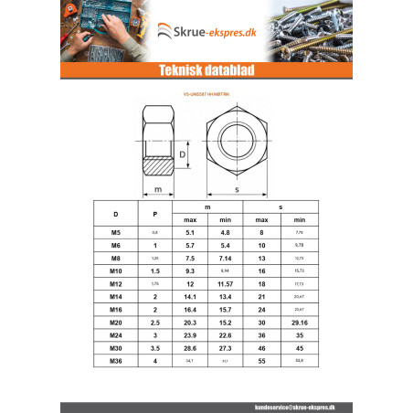 1 x Møtrik Høj sekskantet M8 Tykkelse 8 Rustfrit stål A2