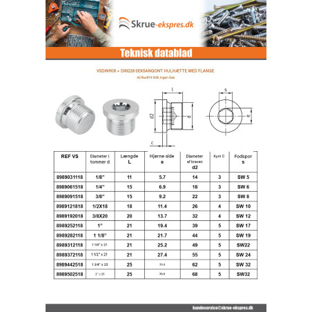 1 x Prop Sekskantet hul med krave HC22 Rustfrit stål A2 33x42 (1"1/4) X21 GAS